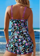 Black plus size,Floral plus size,Plants plus size,ROTITA Plus Size Circular Ring Floral Print Black Tankini Set