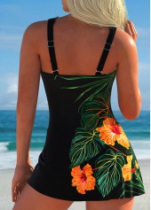 Black swimwear,Floral swimwear,Plants swimwear,ROTITA Tie Black Floral Print One Piece Swimdress