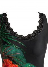 Black swimwear,Floral swimwear,Plants swimwear,ROTITA Tie Black Floral Print One Piece Swimdress