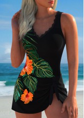 Black swimwear,Floral swimwear,Plants swimwear,ROTITA Tie Black Floral Print One Piece Swimdress