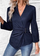 Navy tops,Plain Color tops,ROTITA Surplice Navy V Neck Long Sleeve Shirt
