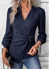 Navy tops,Plain Color tops,ROTITA Surplice Navy V Neck Long Sleeve Shirt