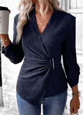 Navy tops,Plain Color tops,ROTITA Surplice Navy V Neck Long Sleeve Shirt
