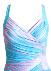 Cyan swimwear,Plants swimwear,Striped swimwear,Geometric swimwear,Ombre swimwear,ROTITA Drawstring Cyan Tropical Plants Print One Piece Swimwear