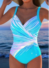 Cyan swimwear,Plants swimwear,Striped swimwear,Geometric swimwear,Ombre swimwear,ROTITA Drawstring Cyan Tropical Plants Print One Piece Swimwear