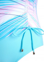 Cyan swimwear,Plants swimwear,Striped swimwear,Geometric swimwear,Ombre swimwear,ROTITA Drawstring Cyan Tropical Plants Print One Piece Swimwear