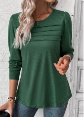 Green tops,Plain Color tops,ROTITA Green Round Neck Long Sleeve T Shirt