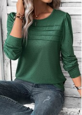 Green tops,Plain Color tops,ROTITA Green Round Neck Long Sleeve T Shirt