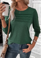 Green tops,Plain Color tops,ROTITA Green Round Neck Long Sleeve T Shirt