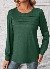 Green tops,Plain Color tops,ROTITA Green Round Neck Long Sleeve T Shirt