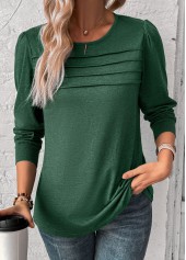 Green tops,Plain Color tops,ROTITA Green Round Neck Long Sleeve T Shirt