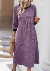 Dusty Purple dresses,Plain Color dresses,Everyday dresses,Casual dresses,ROTITA Tummy Coverage Dusty Purple Round Neck Long Sleeve Dress