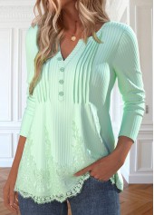 Light Green tops,Plain Color tops,ROTITA Patchwork Light Green Split Neck Long Sleeve T Shirt