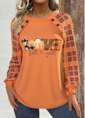 ROTITA Halloween Button Orange Round Neck Long Sleeve Sweatshirt