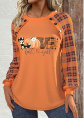 Orange plus size,Halloween plus size,Plaid plus size,Leopard plus size,Letter plus size,ROTITA Halloween Plus Size Patchwork Orange Round Neck Sweatshirt