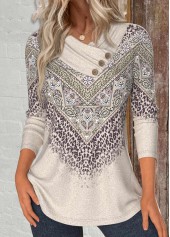 Rotita – T-Shirt mit Wasserfallausschnitt und Leopardenmuster in Hellkamel