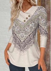 Light Camel tops,Leopard tops,Tribal tops,Paisley tops,ROTITA Button Leopard Light Camel Cowl Neck T Shirt