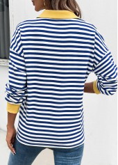 Navy tops,Striped tops,Geometric tops,ROTITA Patchwork Striped Navy Turn Down Collar T Shirt
