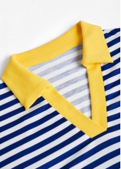 Navy tops,Striped tops,Geometric tops,ROTITA Patchwork Striped Navy Turn Down Collar T Shirt