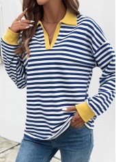 Navy tops,Striped tops,Geometric tops,ROTITA Patchwork Striped Navy Turn Down Collar T Shirt