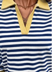 Navy tops,Striped tops,Geometric tops,ROTITA Patchwork Striped Navy Turn Down Collar T Shirt