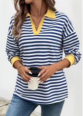 Navy tops,Striped tops,Geometric tops,ROTITA Patchwork Striped Navy Turn Down Collar T Shirt