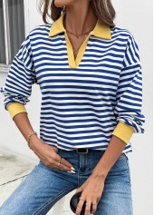 Navy tops,Striped tops,Geometric tops,ROTITA Patchwork Striped Navy Turn Down Collar T Shirt