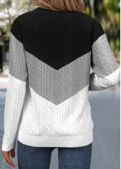 Black tops,Contrast Color tops,ROTITA Jacquard Black Turn Down Collar Long Sleeve Sweatshirt