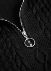 Black tops,Contrast Color tops,ROTITA Jacquard Black Turn Down Collar Long Sleeve Sweatshirt