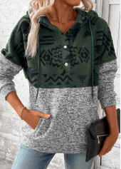 Grey tops,Tribal tops,ROTITA Patchwork Tribal Print Grey Long Sleeve Hoodie