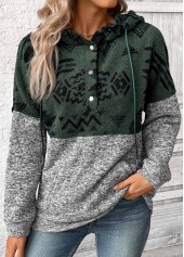 Grey tops,Tribal tops,ROTITA Patchwork Tribal Print Grey Long Sleeve Hoodie