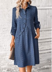 Denim Blue dresses,Plain Color dresses,Party dresses,Elegant dresses,ROTITA Patchwork Denim Blue A Line Shirt Collar Dress