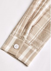 Light Coffee plus size,Plaid plus size,Striped plus size,Geometric plus size,ROTITA Button Plaid Light Coffee Shirt Collar Long Sleeve Blouse