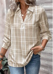 Light Coffee plus size,Plaid plus size,Striped plus size,Geometric plus size,ROTITA Button Plaid Light Coffee Shirt Collar Long Sleeve Blouse