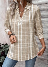Light Coffee plus size,Plaid plus size,Striped plus size,Geometric plus size,ROTITA Button Plaid Light Coffee Shirt Collar Long Sleeve Blouse