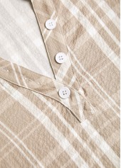 Light Coffee plus size,Plaid plus size,Striped plus size,Geometric plus size,ROTITA Button Plaid Light Coffee Shirt Collar Long Sleeve Blouse