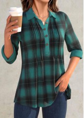 Turquoise tops,Plaid tops,ROTITA Button Plaid Turquoise Long Sleeve Shirt