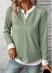 Light Green tops,Contrast Color tops,ROTITA Fake 2in1 Light Green Split Neck T Shirt