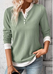 Light Green tops,Contrast Color tops,ROTITA Fake 2in1 Light Green Split Neck T Shirt