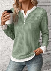 Light Green tops,Contrast Color tops,ROTITA Fake 2in1 Light Green Split Neck T Shirt