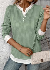 Light Green tops,Contrast Color tops,ROTITA Fake 2in1 Light Green Split Neck T Shirt