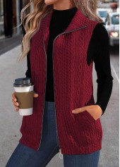 Wine Red tops,Plain Color tops,ROTITA Jacquard Wine Red Stand Collar Sleeveless Waistcoat