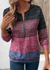 Multi Color tops,Striped tops,Geometric tops,ROTITA Zipper Multi Stripe Print Round Neck Long Sleeve Sweatshirt