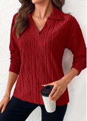 Wine Red tops,Plain Color tops,ROTITA Lace Wine Red Turn Down Collar Long Sleeve Blouse