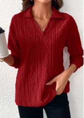 Wine Red tops,Plain Color tops,ROTITA Lace Wine Red Turn Down Collar Long Sleeve Blouse
