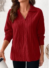 Wine Red tops,Plain Color tops,ROTITA Lace Wine Red Turn Down Collar Long Sleeve Blouse