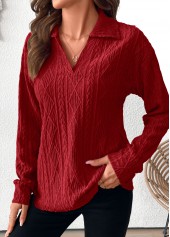 Wine Red tops,Plain Color tops,ROTITA Lace Wine Red Turn Down Collar Long Sleeve Blouse
