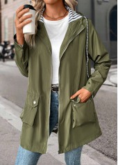 Green tops,Plain Color tops,Drawstring Green Hooded Long Sleeve Coat