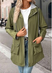 Green tops,Plain Color tops,Drawstring Green Hooded Long Sleeve Coat