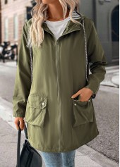 Green tops,Plain Color tops,Drawstring Green Hooded Long Sleeve Coat